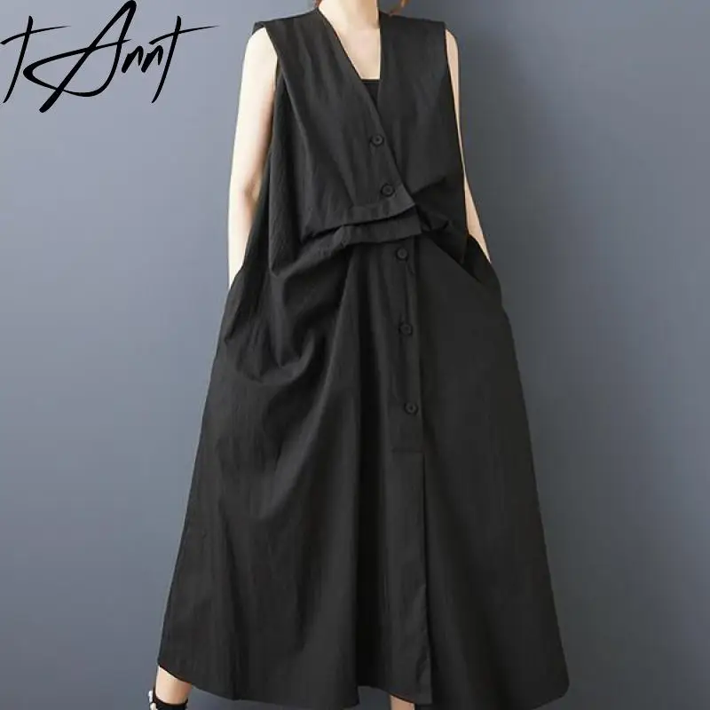 

Tannt Women Dress Asymmetry V-neck Sleeveless Loose Dresses Black Khaki Fashion Casual Summer Long Dresses For Women 2025 New