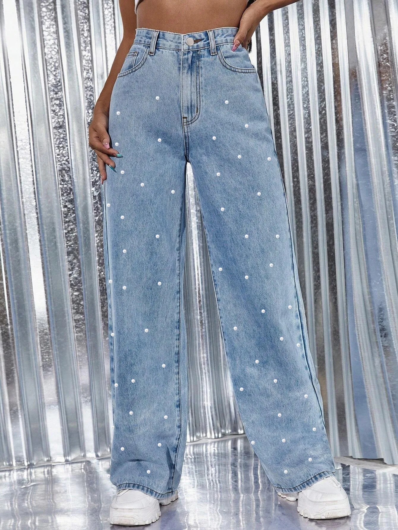 American Style Jeans Pearl High Waisted Straight Leg Pants Fashionable Versatile Women's Casual Jeans Spring Autumn New 2025