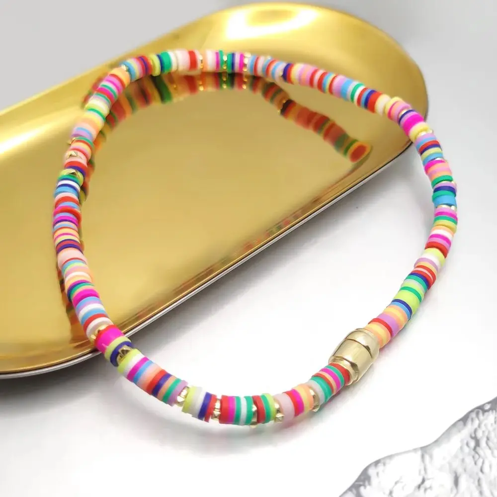 HESHI Handmade Elastic Thread Colorful Soft Vibrant Polymer Clay Slice Necklace for Women Girls Student Summer