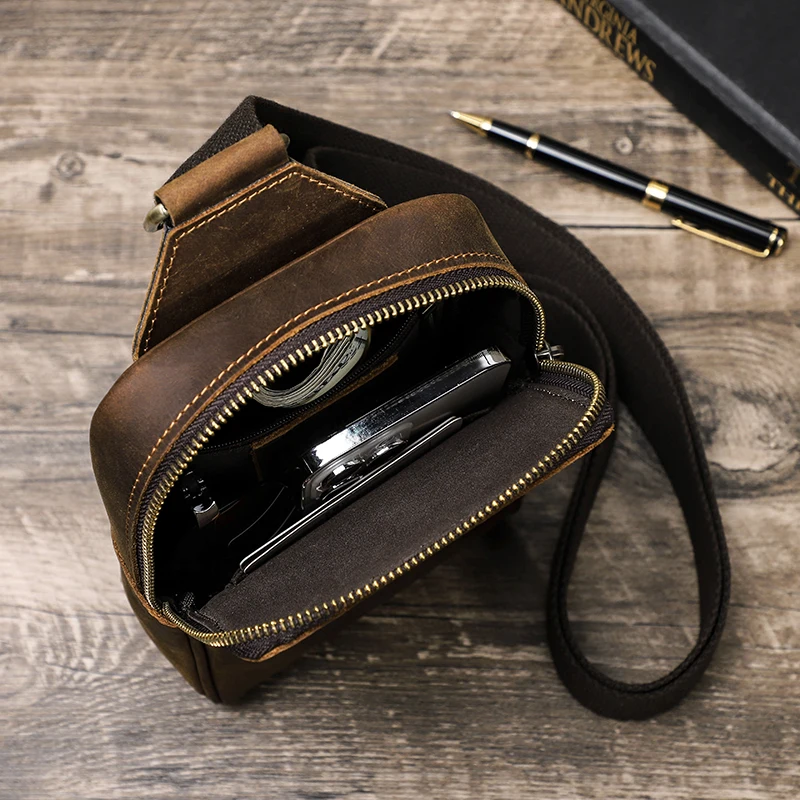 Genuine Leather Men Chest Bag Small Crossbody Bag Fanny Pack Casual Travel Sling Shoulder Bag Messenger Mini Handbag Male