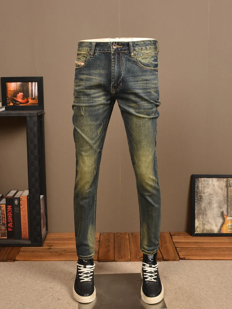 Retro Nostalgic Jeans Men's Scratch Stretch Skinny Pencil Trousers High-End Washed Ruan Handsome Casual Street Handsome Trousers