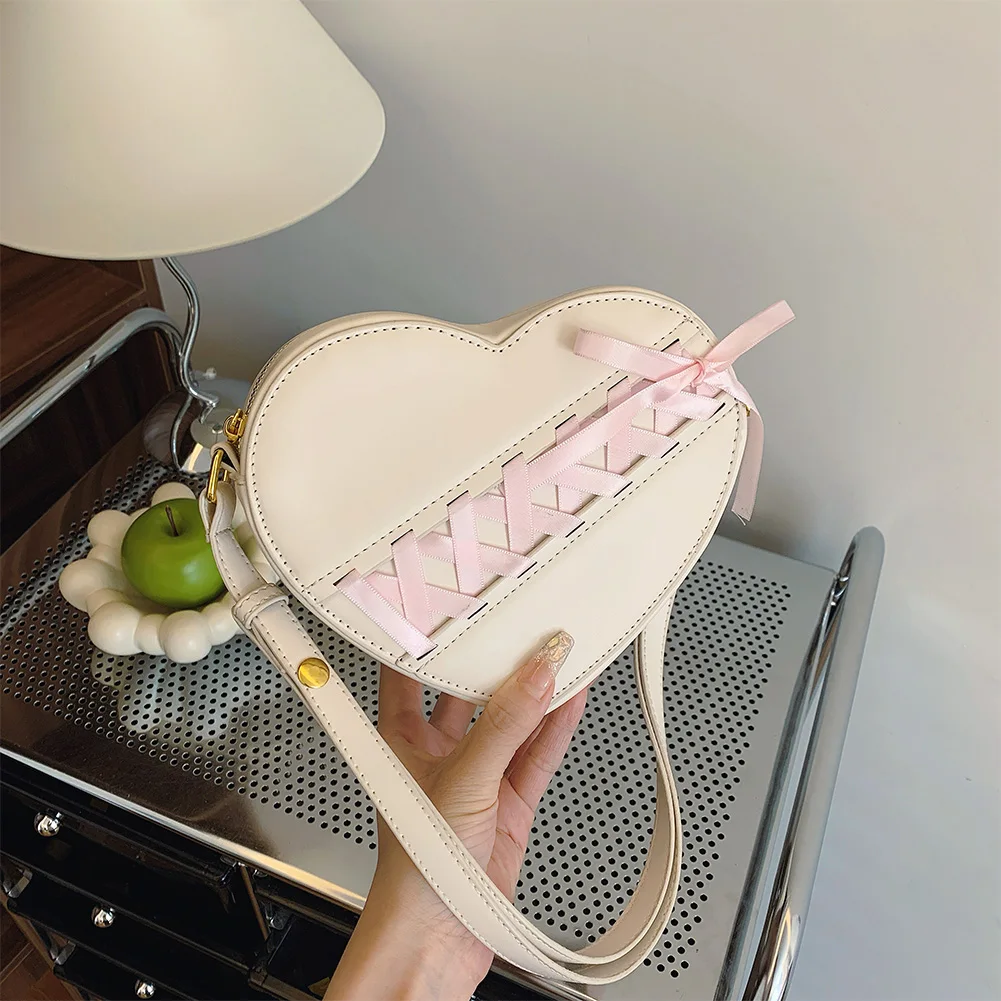 

Ribbon Heart Shaped Shoulder Bag PU Leather Crossbody Purse Cute Shoulder Purse for Women Girls