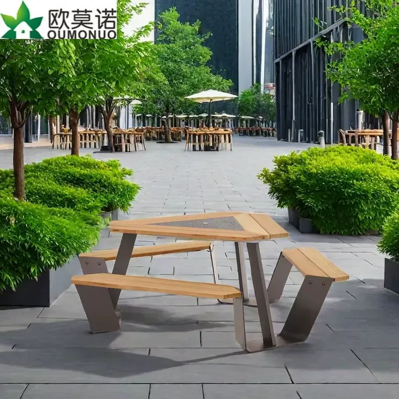 Outdoor Stainless Steel Park Table and Chair Set Public Garden Long Bench Combo Furniture for Canteen Restaurant Open Air Use