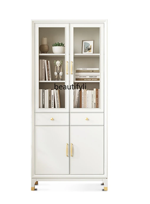 

American light luxury solid wood bookcase with glass door side pull-out cabinet modern simple dust-proof locker