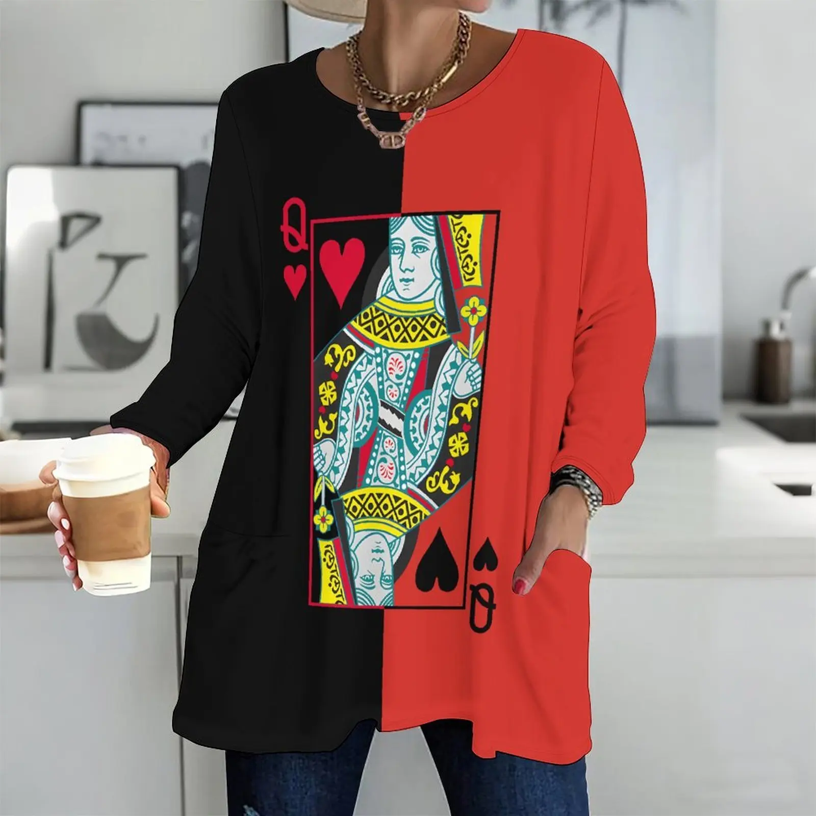 Printed Top for Women Round Neck Long Sleeve Front Pockets Loose Fit Longline