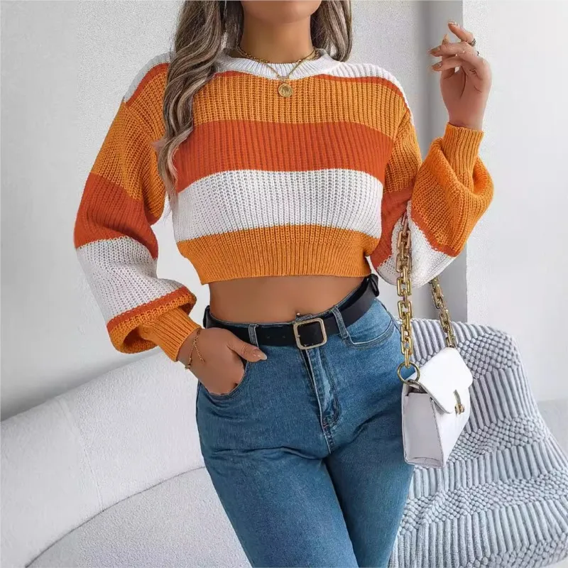 

New Autumn And Winter Casual Color Blocked Lantern Sleeves Sexy Navel Sweater For Women's Round Neck Long Sleeves Crop Tops