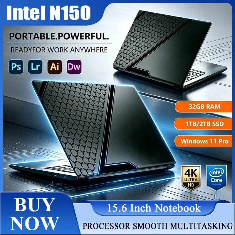 New 15.6'' Laptop Intel Core N150 32GB 2TB Gaming PC Ultra Slim Office Study Computer PC Windows 11 Pro 1920*1080 HD