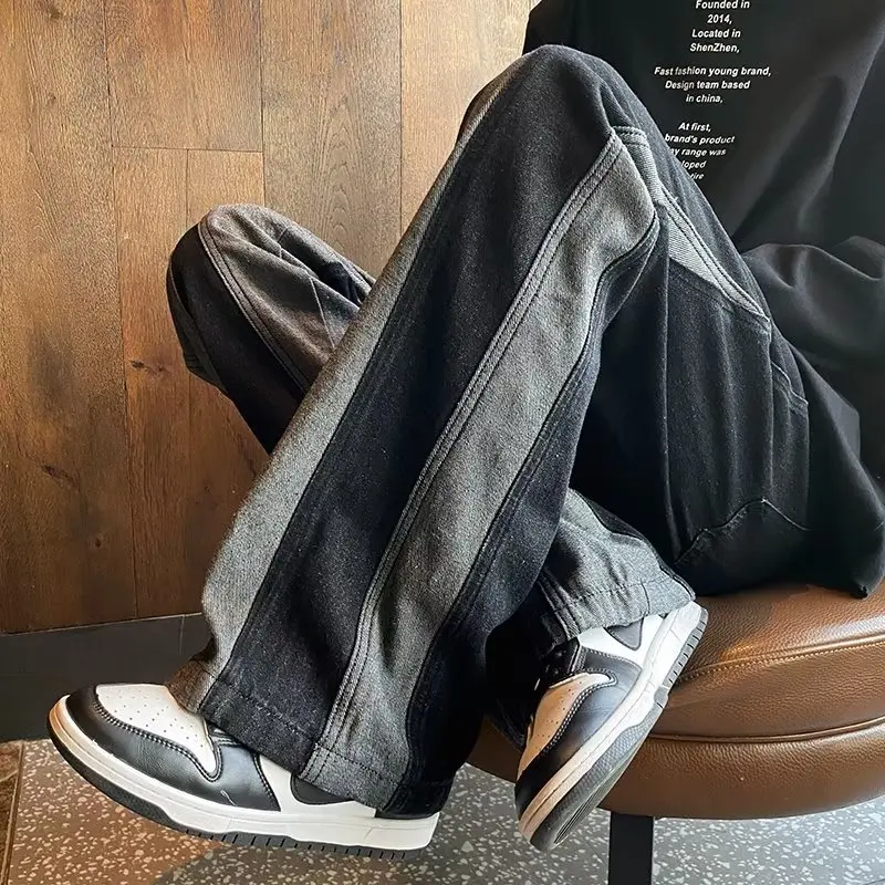 Korean Style Men's Jeans Retro Loose Straight Leg Contrast Color Mid-waist Full Length Pants Male High Street Casual Denim Pants