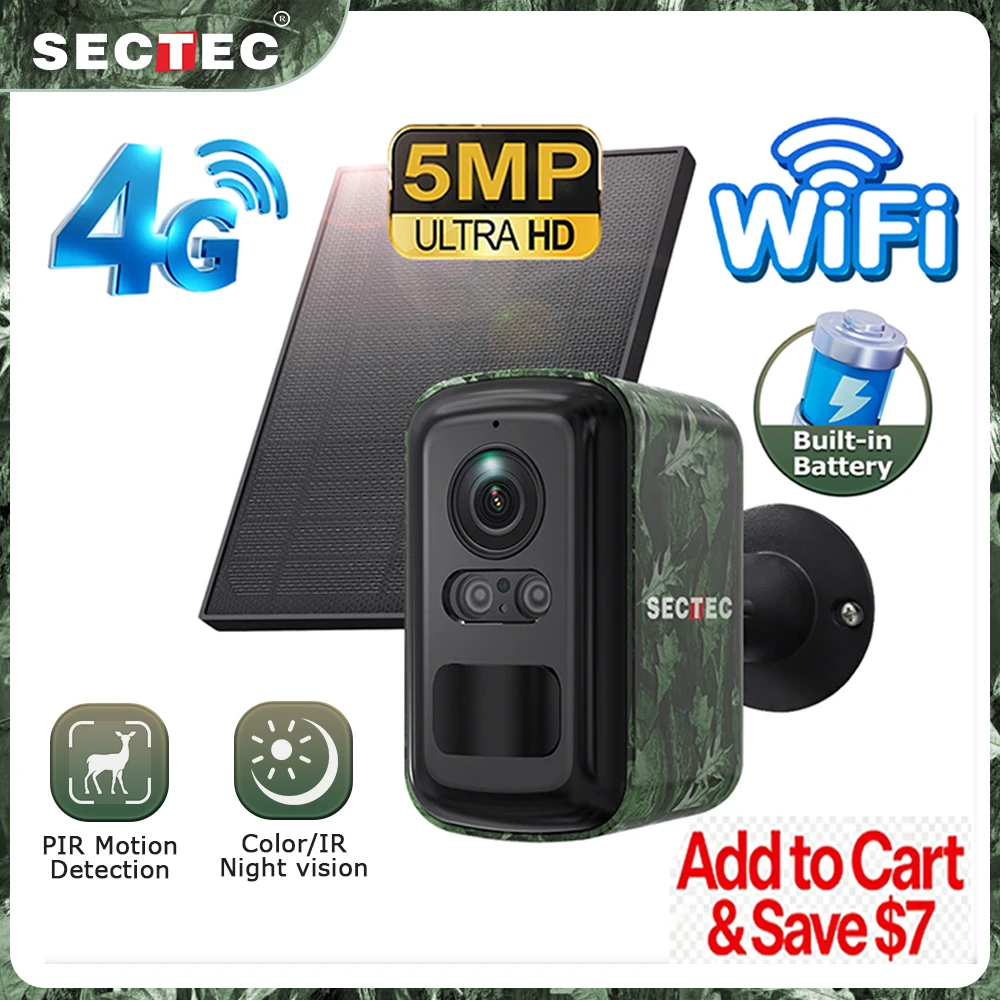 Sectec 5MP Mini Solar 4G Camera Outdoor Surveillance Camouflage Color WiFi Security  Camera PIR Detection Auto Tracking UBox App