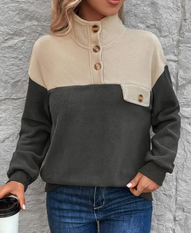 

2025 autumn and winter stand up collar pullover jacket, women's new style, fleece contrasting sweatshirt