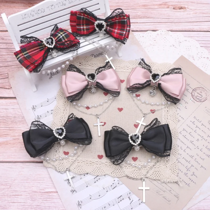 

Japanese Sweet Cool Lace Edge Bow Chain Cross Crown Pendant A Pair of Hairclips Girl Women's Lolita Small Side Clip Barrettes