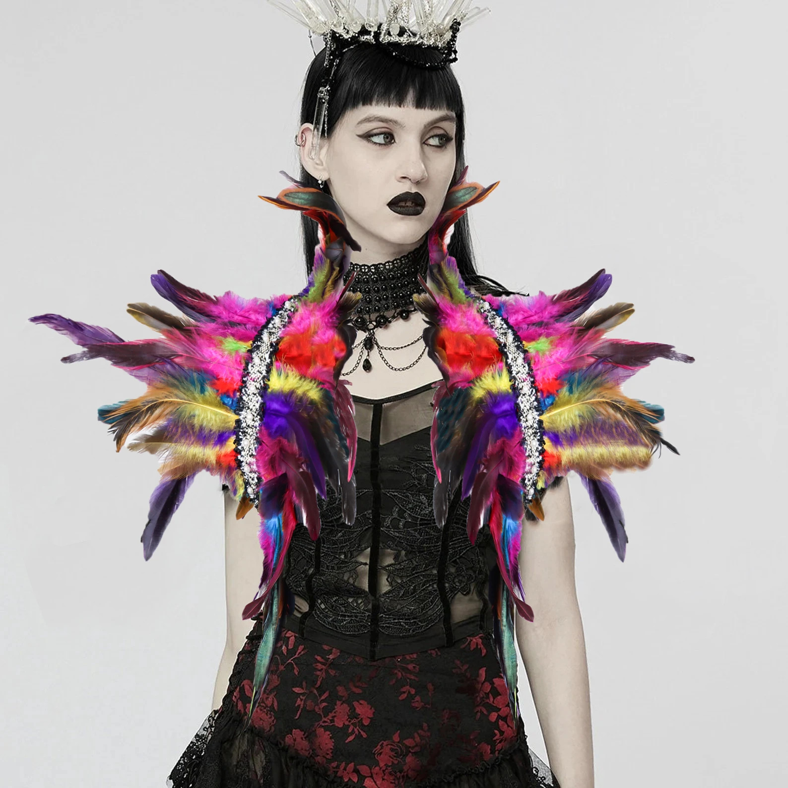 Damen-Schulterumhang im Gothic-Punk-Y2K-Stil mit Kunstfedern, für Halloween, Partys, Hochzeiten und Ausflüge, Halloween-Kostüm