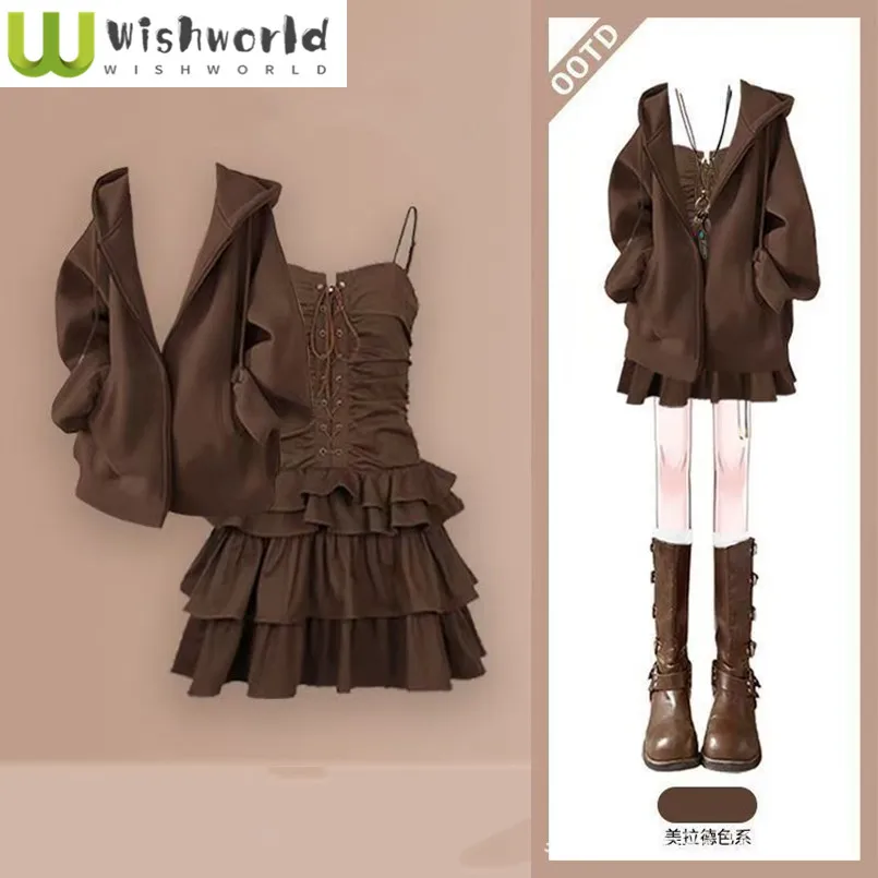 

Temperament Women's Set Autumn/Winter American Age Reducing Melad Coffee Coat+Slimming Strap Dress Two Piece Set