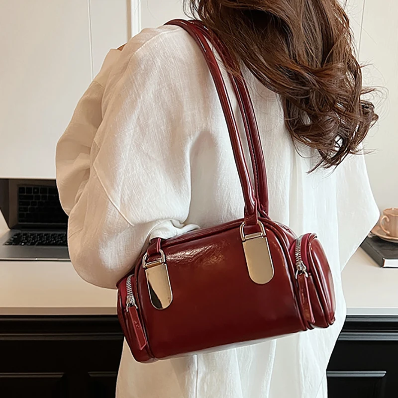 Texture Pu Leather Women Red Underarm Bags 2024 New Simple Versatile Tote Bag Fashion One Shoulder Shopping Travel Commuter Pack