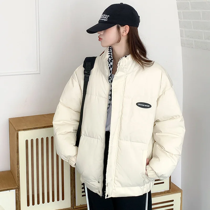 女性の秋/冬トップコートコットンコートスタンドアップカラーソリッドカラーショートチェック柄肥厚フリース裏地快適なニッチ