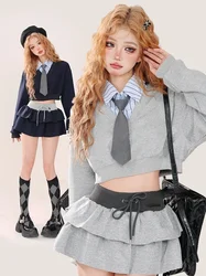 2024 New American Vintage 2-częściowy zestaw E-girls Patchwork Y2k Sweatershirt Tops + Sweet Fashion Mini Skirt Hoodie Women Design