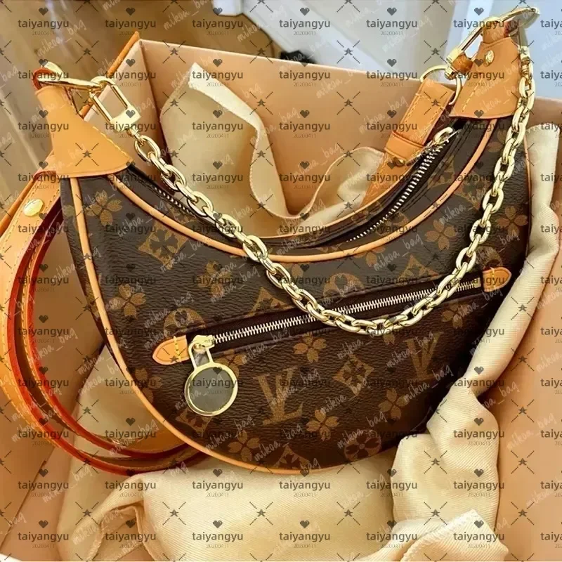 Bolso de lujo Loop Croissant, bolso de hombro tipo hobo de diseñador, bolso cosmético de media luna, bolso baguette para llevar bajo el brazo, bolso cruzado con cadena metálica.
