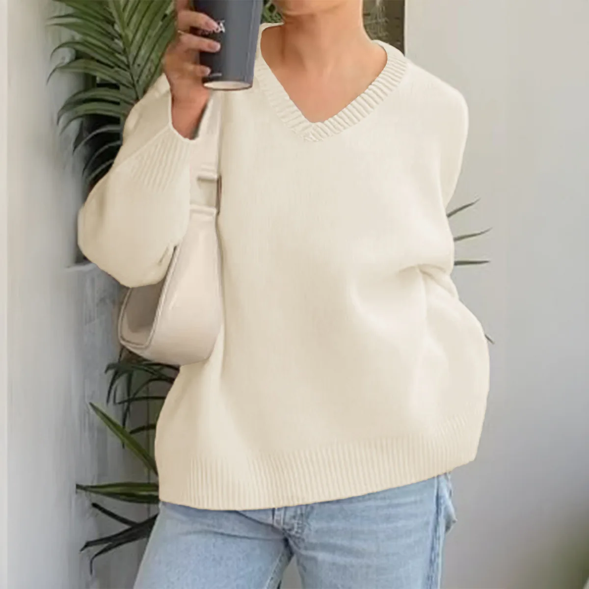 CaCasual الصلبة طويلة الأكمام قميص صوفي البلوفرات ملابس نسائية في الخريف/الشتاء 2025 بسيطة أنثى موضة فضفاضة محبوك سترة #4