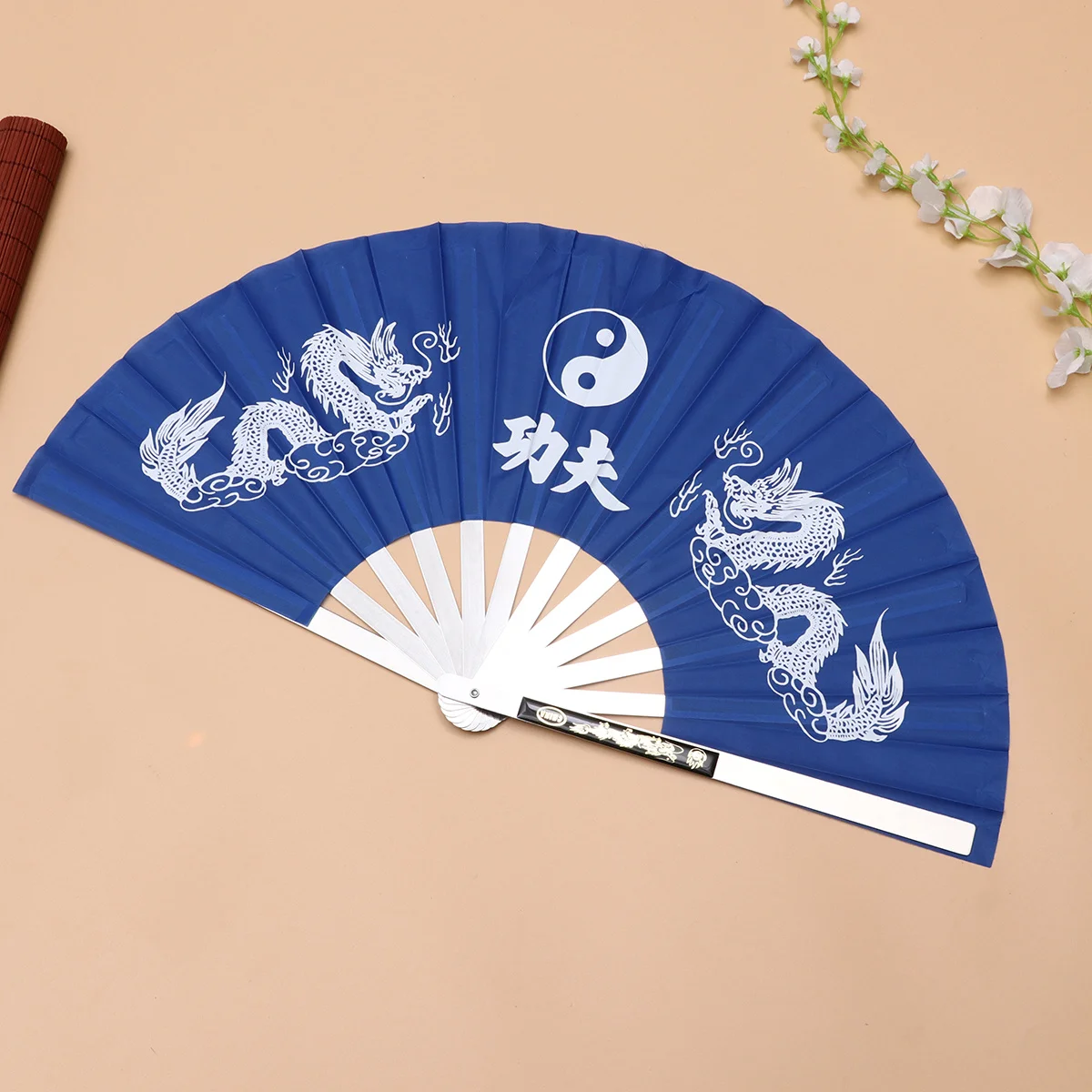 

Stainless Steel Frame Delicate Blue Tai Chi Folding Fan for Kung Fu Martial Arts Fitness Chinese Long Pattern Hand Fan