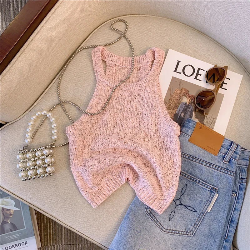 2024 New Summer Women Sleeveless Short Knitted T-Shirt Stretchy Camisole Tees Halter Collar Tank Crop Tops For Female