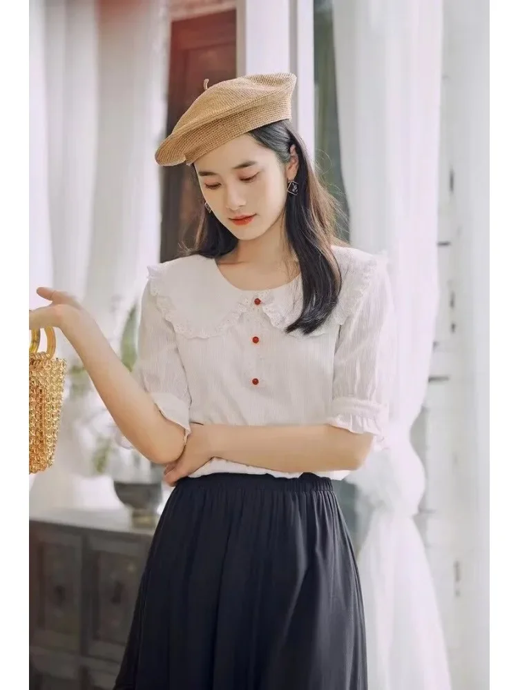 

High Quality New Summer Cotton Shirts Short Sleeve Shirts Peter Pan Collar Ruffles White Tops Casual Retro Sweet Lace Blouses