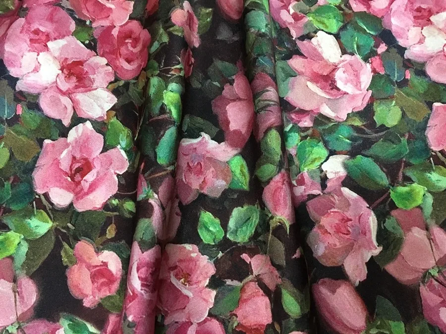 Classic Retro Pink Rose Printed Real Silk Fabric 40momme Heavy Real Spandex Satin Cheongsam