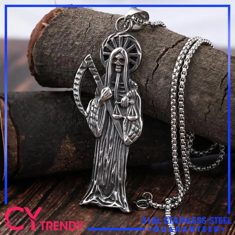 Holy Saint Death Santa Muerte Grim Reaper Pendant Stainless Steel Necklace Chain