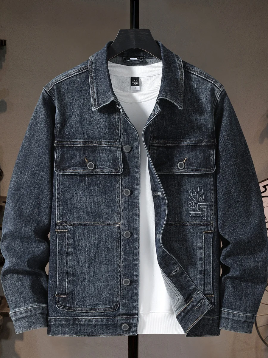 

High-End Youth Casual Outdoor Men's Denim Jaet Elastic Waed American Retro Sle with Big kets Workwear Leisure Coat