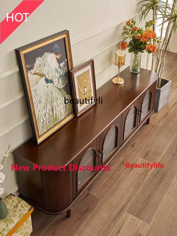 American Style French Style Retro Solid Wood TV Cabinet Modern Minimalist Cream Style Glass Locker Living Room Floor Cabine