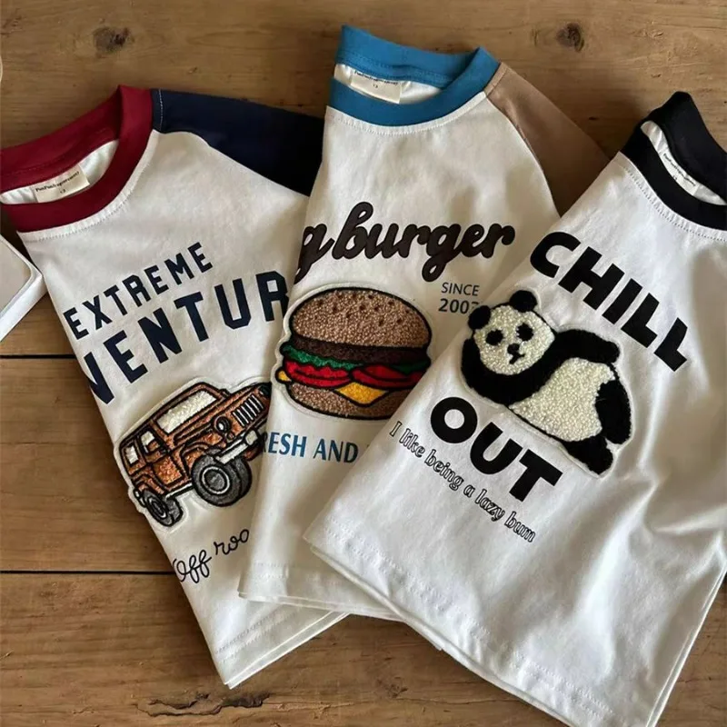 Kids Boys Clothes Cute Cartoon Panda Hamburg Car Long Sleeve T-shirt Kawaii Girls Raglan Sleeve T Shirt Tees Cotton 2-8y