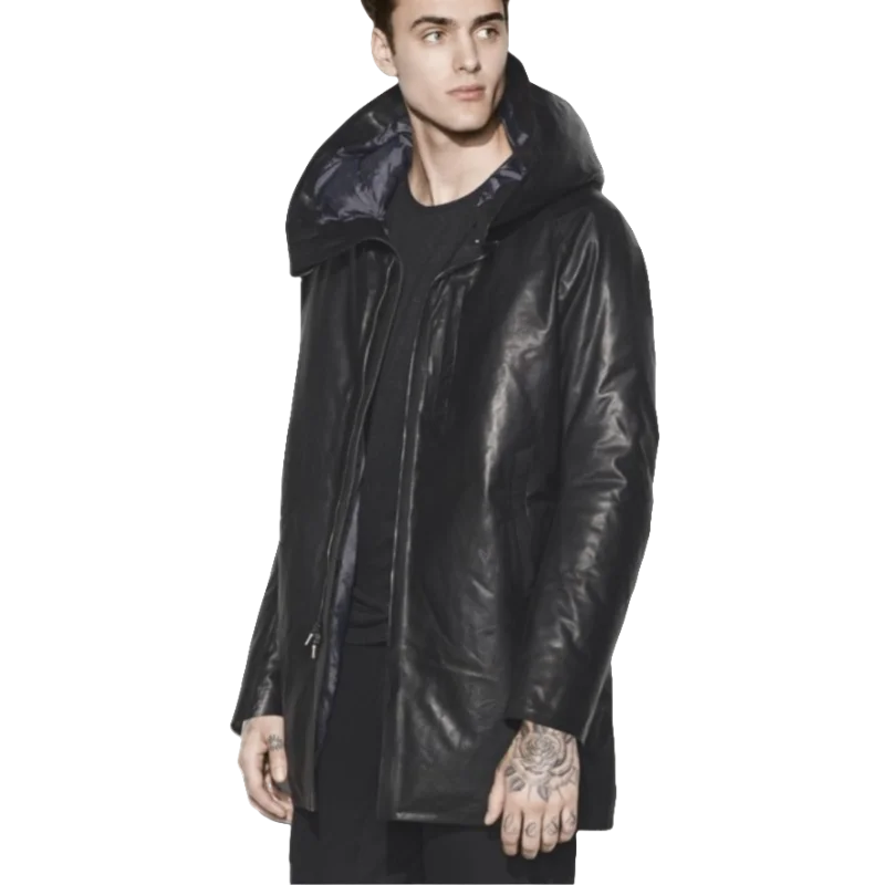 Hooded Mid-Length Leather Down Coat - Sheepskin Real Leather Jacket plus size super warm cold weather winter jacket 5XL