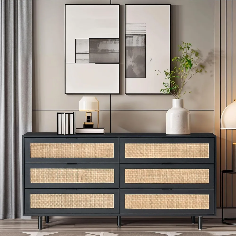 

6 Drawer Double Dresser for Bedroom,Natural Rattan Modern Chest