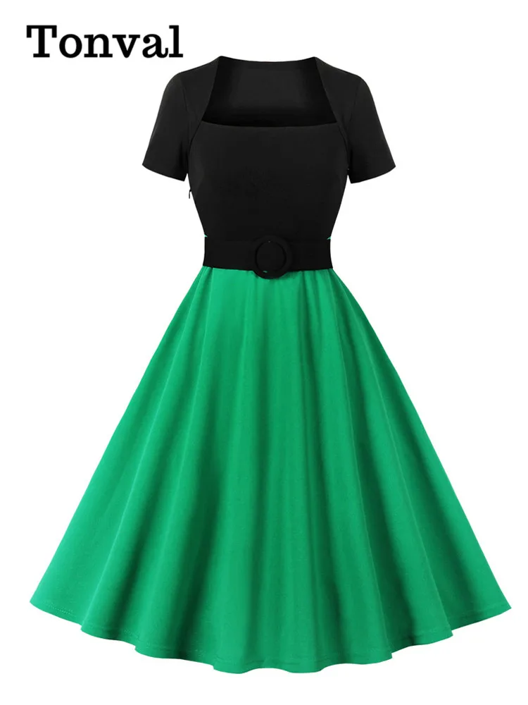 Tonval Black and Green Two Tone Belted Vintage Party Dresses for Women 2024 Square Neck Elegant Outfits Summer Swing Dress