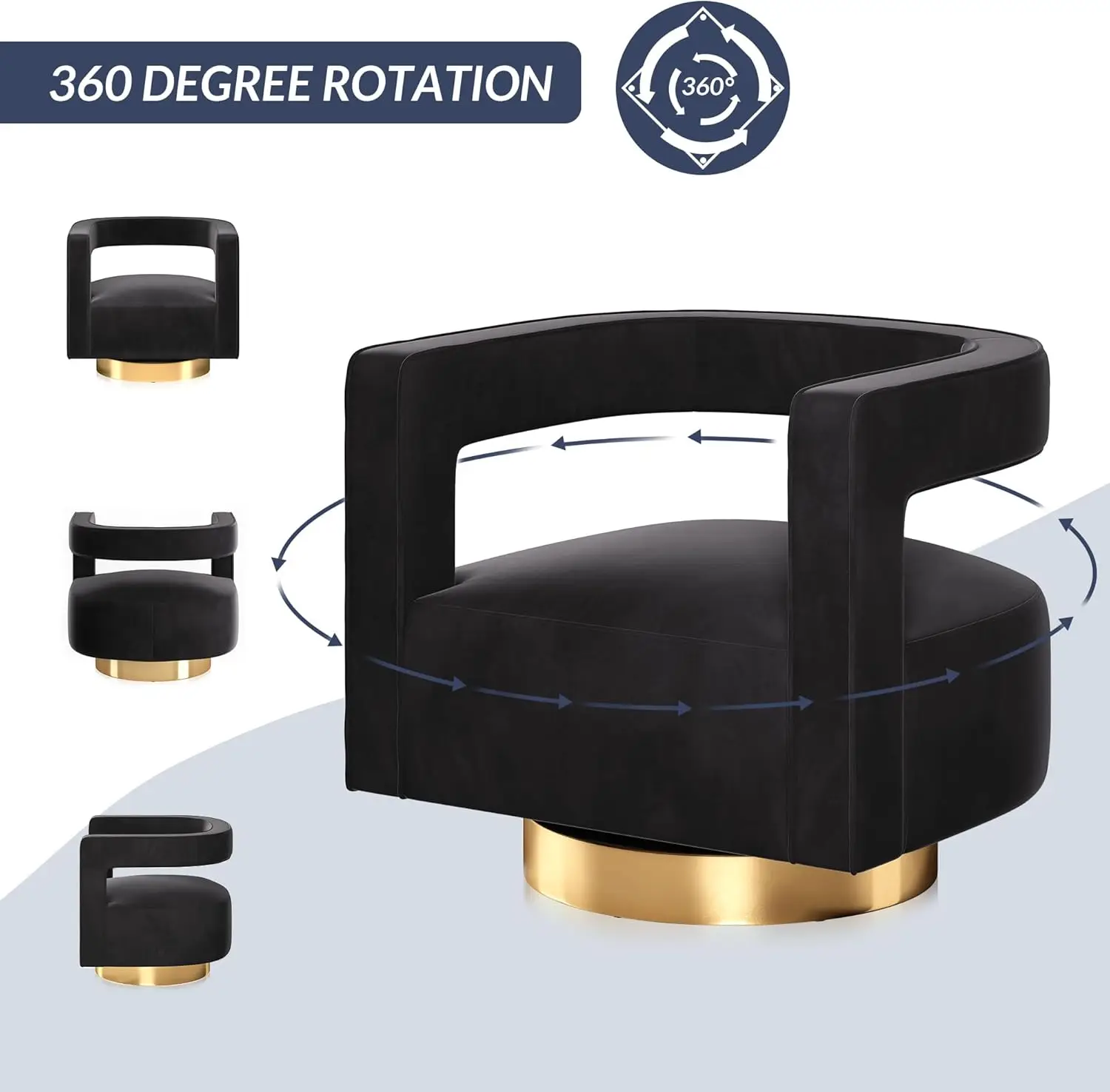 Swivel Barrel Accent Chair, Modern Velvet Armchair with Gold Base and Wood Frame, 360° Rotate, Black