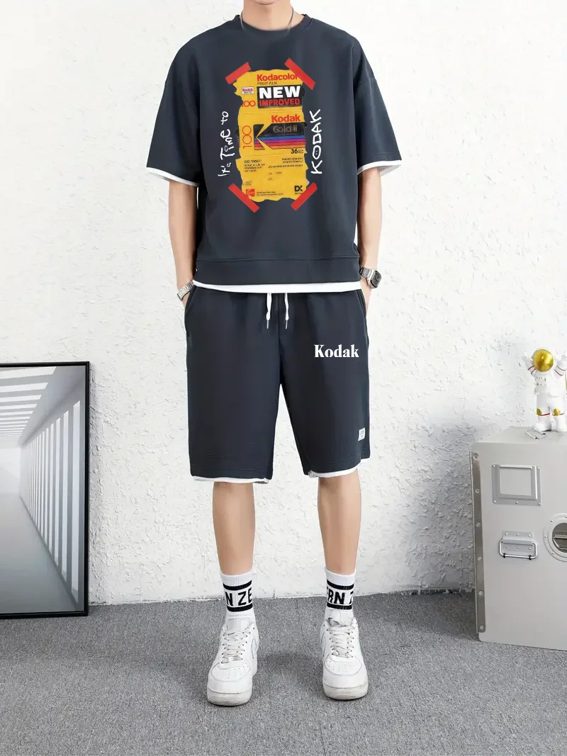 

Kodak Retro Print Men's Short Sleeve + Shorts Set - Adult Summer Outdoor Breathable Casual Sports Two-Piece Set
