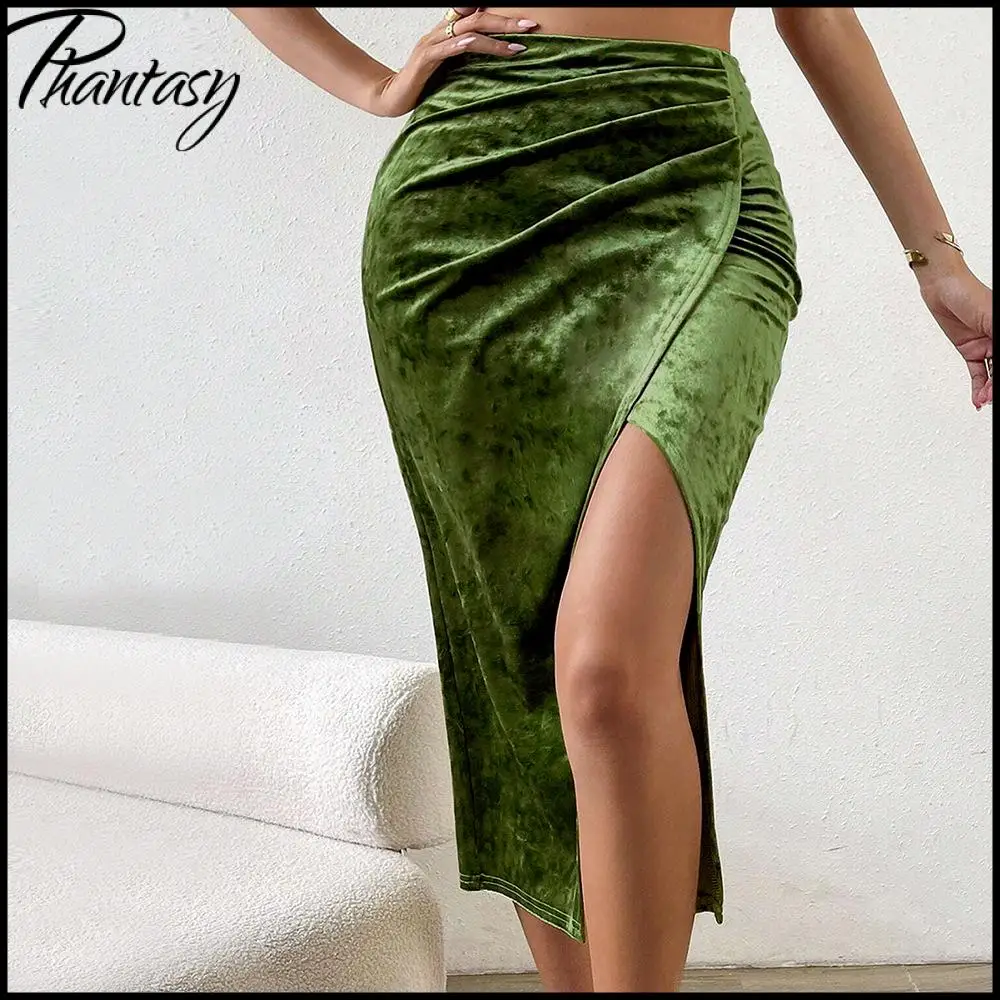 

Elegant Split Velvet Skirt Commute Green A-line Mid-Calf Skirt for Lady Women's Autumn Winter Outfit Night Out Streetwear