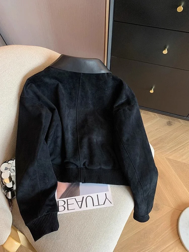 Giacca Corta da Donna in Pelle PU e Camoscio con Colletto Rialzato, Vestibilità Ampia, Stile Vintage Casual, Tendenza Primavera Autunno