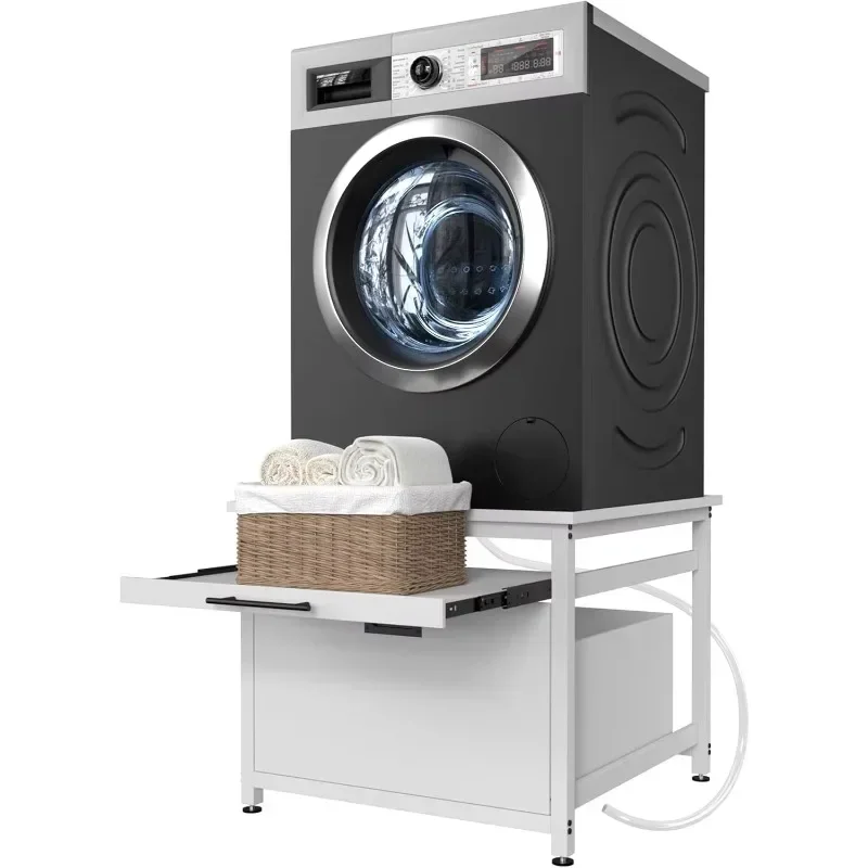 29 White Steel Manual Base Drawer and Top Panel Universal Laundry Stand with Household Furniture Washer Dryer Lifter