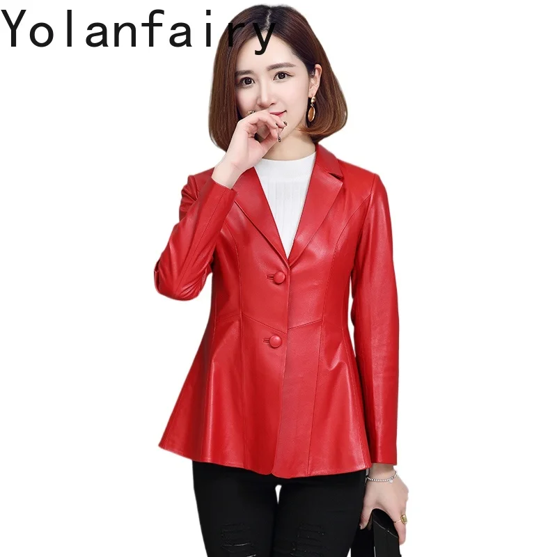 YOLANFAIRY Cappotto da abito in vera pelle di pecora moda Donna Primavera Autunno Giacca corta in vera pelle slim fit Donna Stile coreano