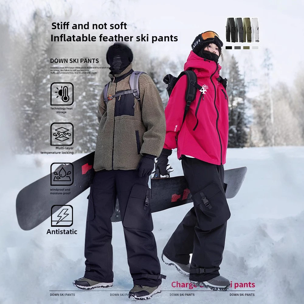 Winter Fleece Ski Pants with Hard Shell Windproof and Cold Resistant Charging Down Pants 90 White Duck Down