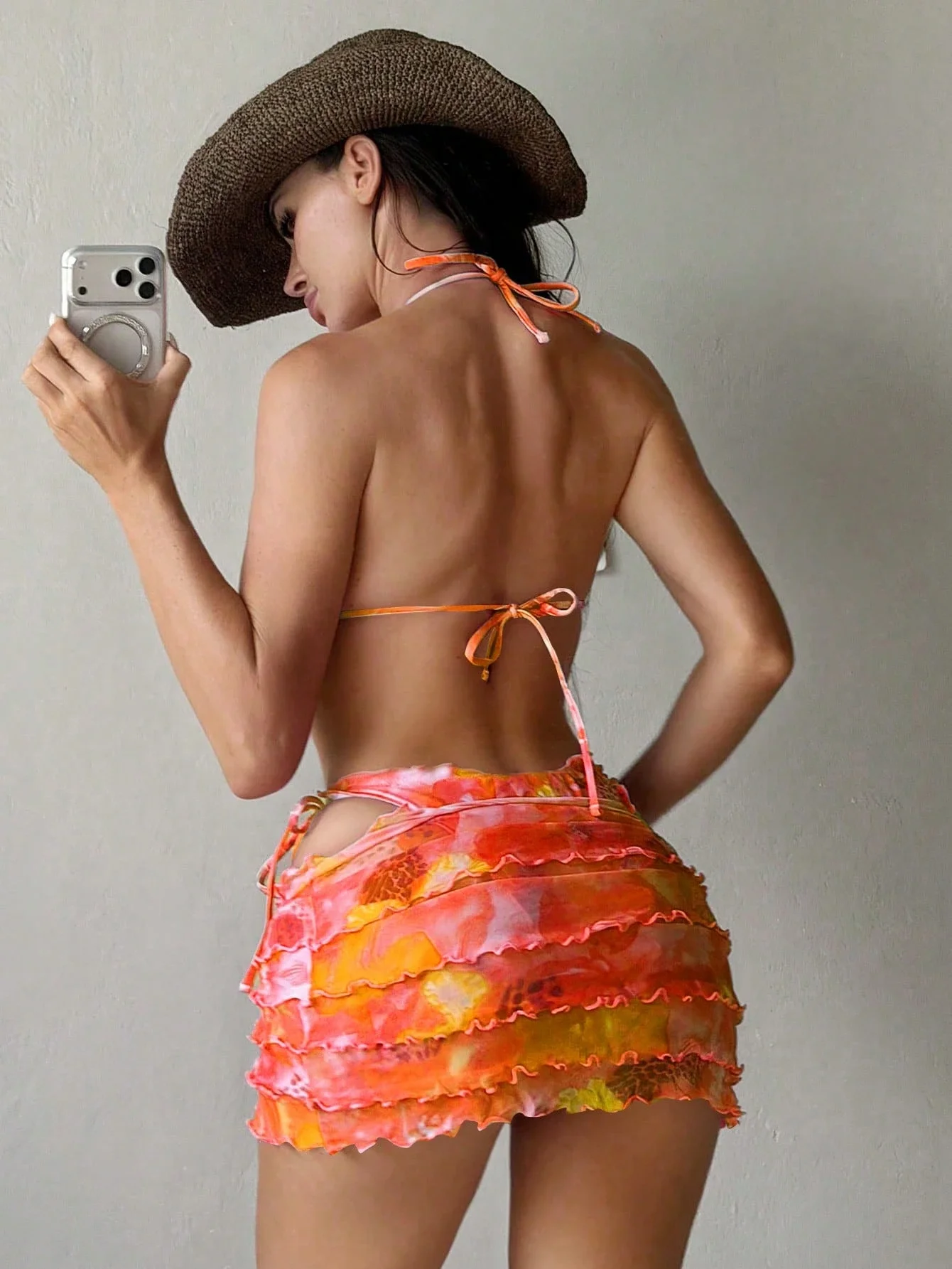 

Floral Print 3-Piece Bikini Set With Ruffled Cake Skirt For Beach Party Holiday