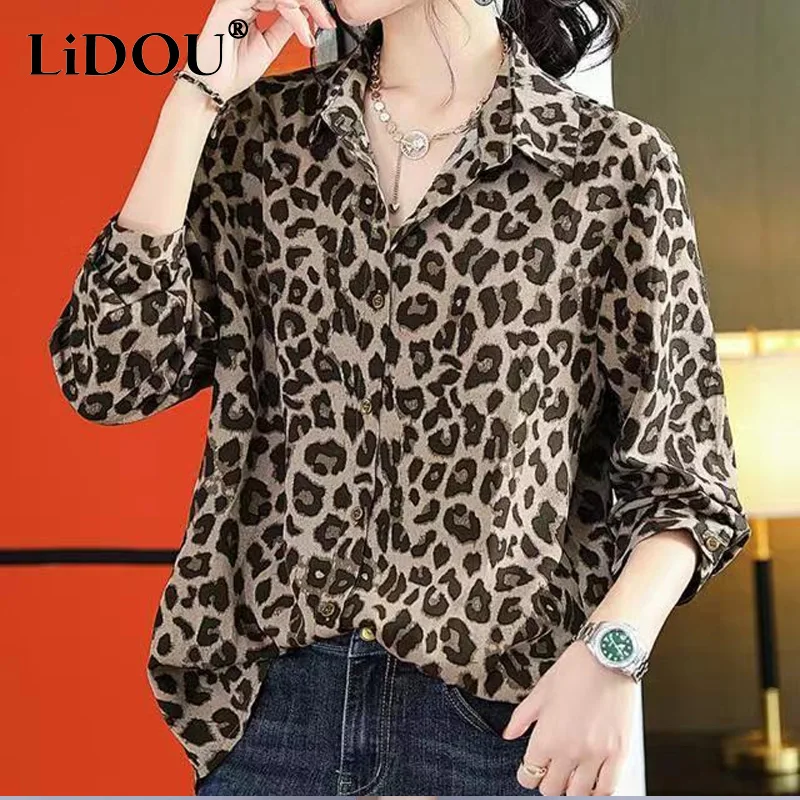 2023 Spring Summer New Blouse POLO Collar Leopard Printing Long Sleeve Single Breasted Tops Women Fashion Casual Female Clothing