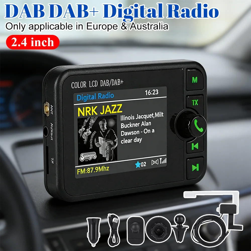 

2,4-дюймовый DAB-радиоприемник, MP3-плеер, FM-трансмиттер, приемник цифрового сигнала DAB, адаптер с цветным ЖК-экраном, DAB+ приемник
