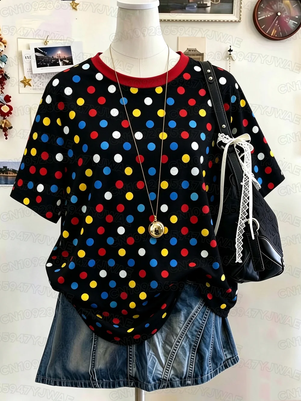 Summer Women's Y2K Polka Dot Print Casual Oversized Round Neck Drop Shoulder Short Sleeve T-shirt Street Casual Sports
