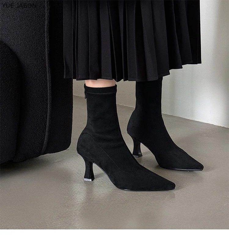 Trend Black Vintage Women Ankle Boots Pointed Toe Shoes Brown Autumn Winter High Heel Ladies Elegant Stretch Slim Short Booties