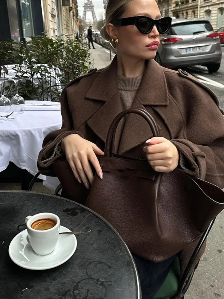 2024 New Women\'s Coffee Wool Blend Coat Casual Lapel Double-breasted Long Sleeve Jacket Ladies Fashion Commute Street Outerwear