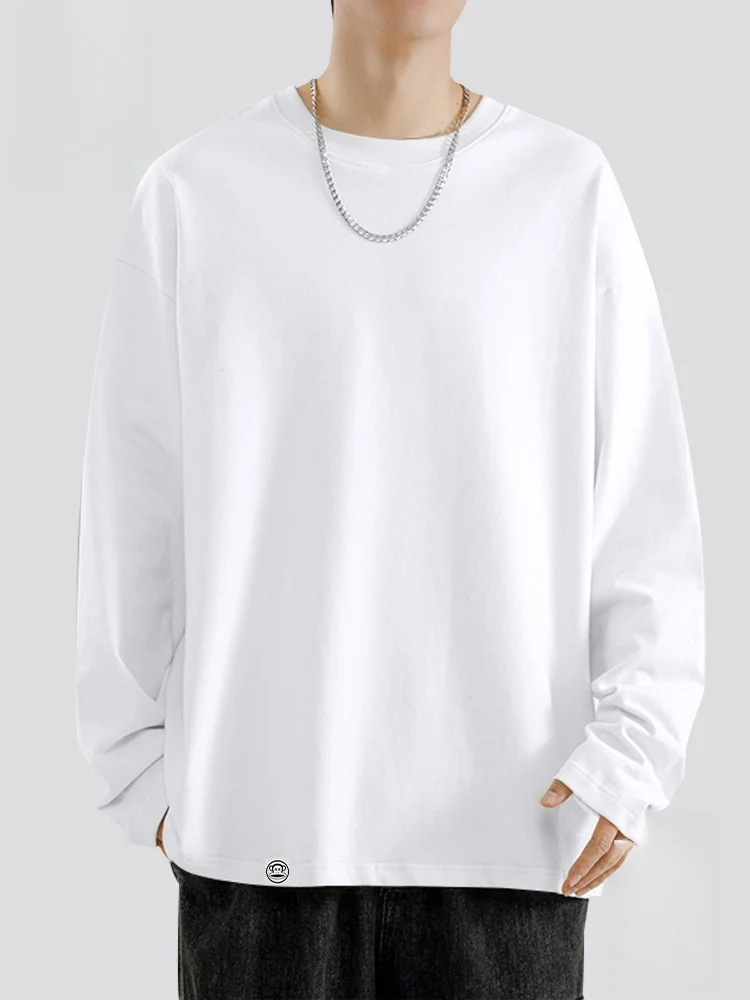 

Мужская футболка из чистого хлопка с длинным рукавом, весенне-осенняя, чисто белая, дышащая, комфортная, хорошо сидит на теле.