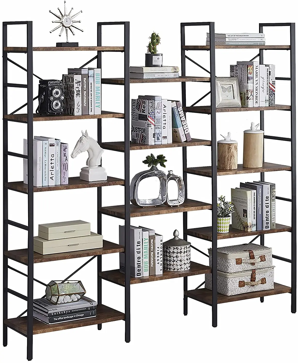 5-Tier Bookshelf Triple Wide ,Wood and Metal Bookcase Furniture for Home and Office Display Shelfpromote sales