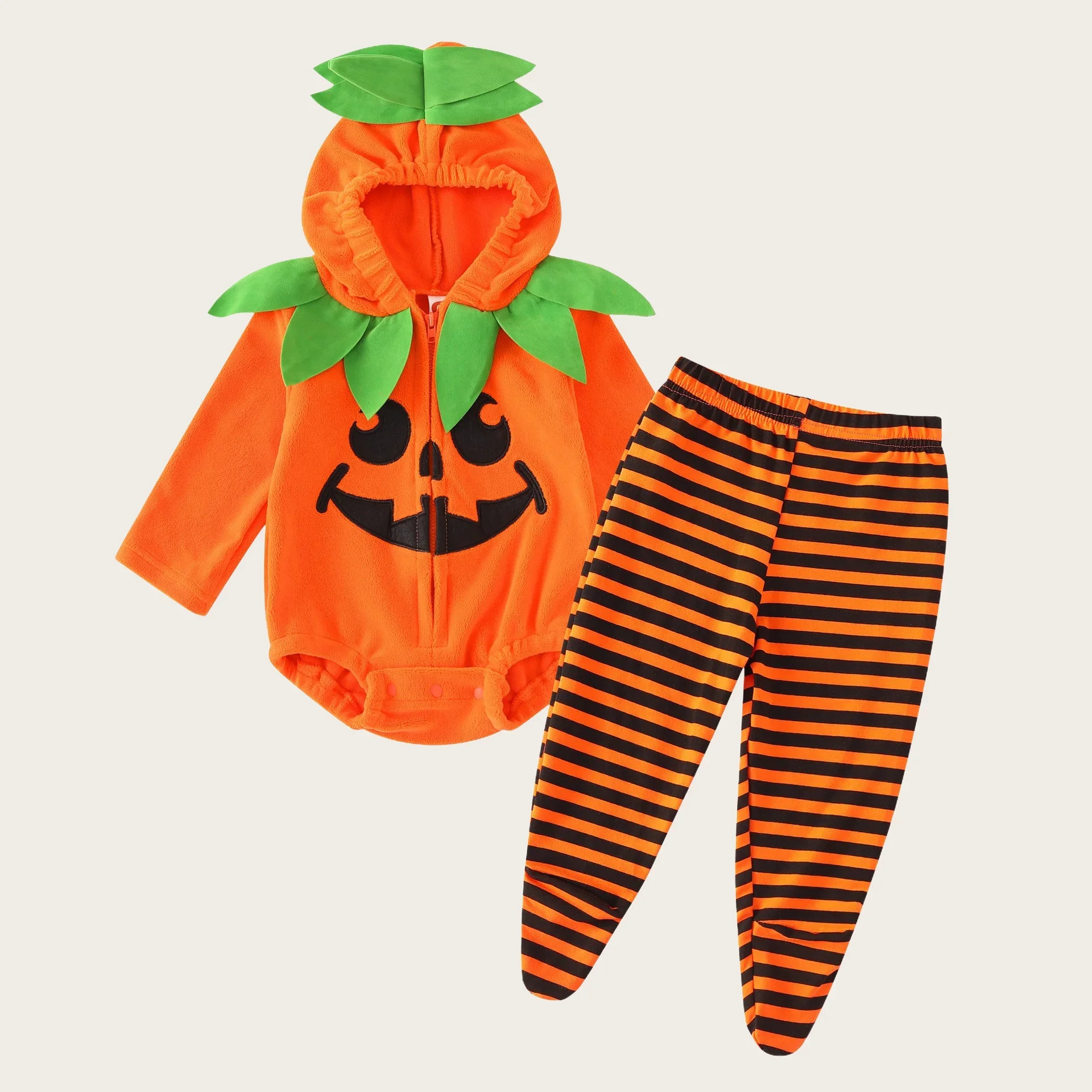 

Halloween Baby Girl Cotton 2Pcs Costume Set 0-18M Infant Boys Pumpkin Face Hooded Onesie and Striped Footed Pants Festive Outfit