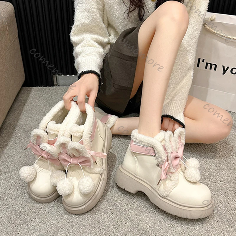 

Comemore Kawaii Lolita зимние сапоги для женщин, милые милые ботинки на платформе с кроличьими ушками для девочек, зимняя теплая утепленная хлопковая обувь